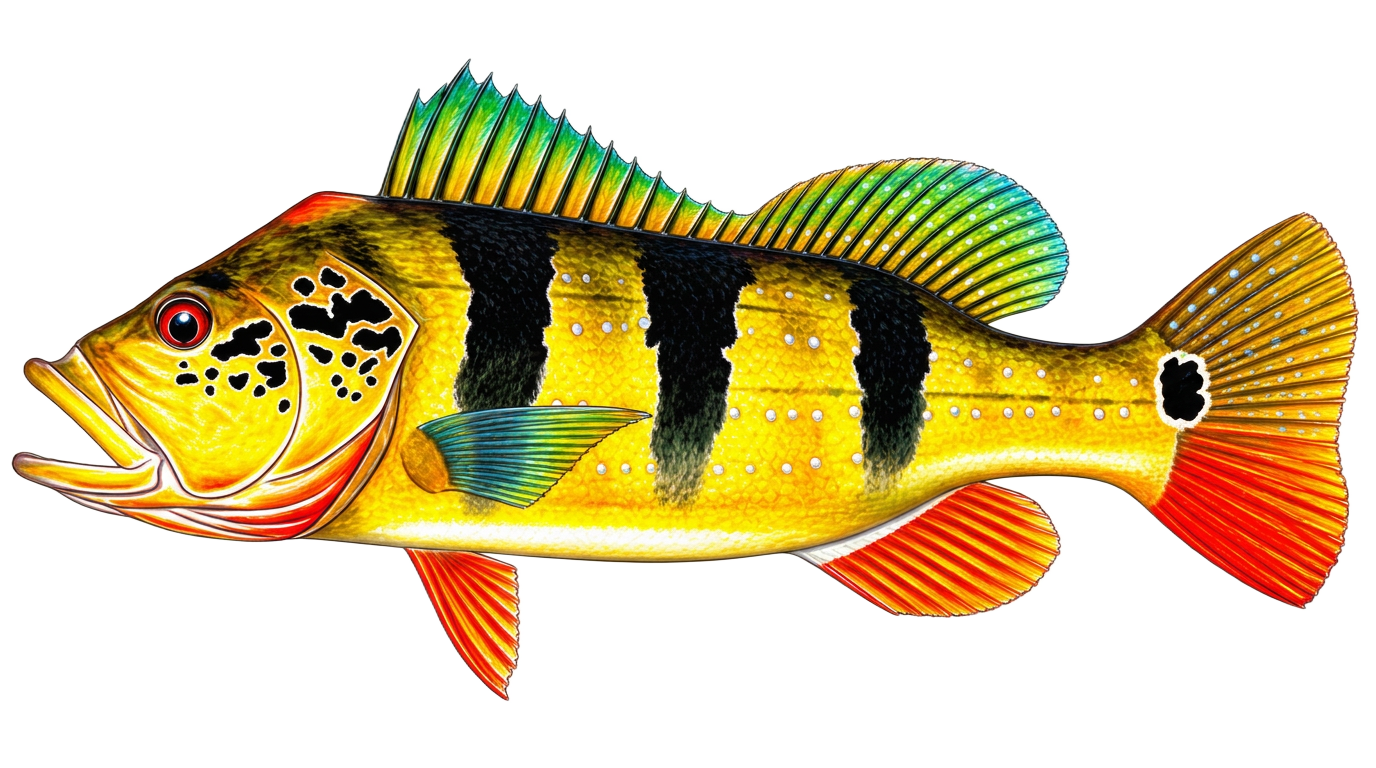 Ilustração do tucunaré-açu com suas cores marcantes