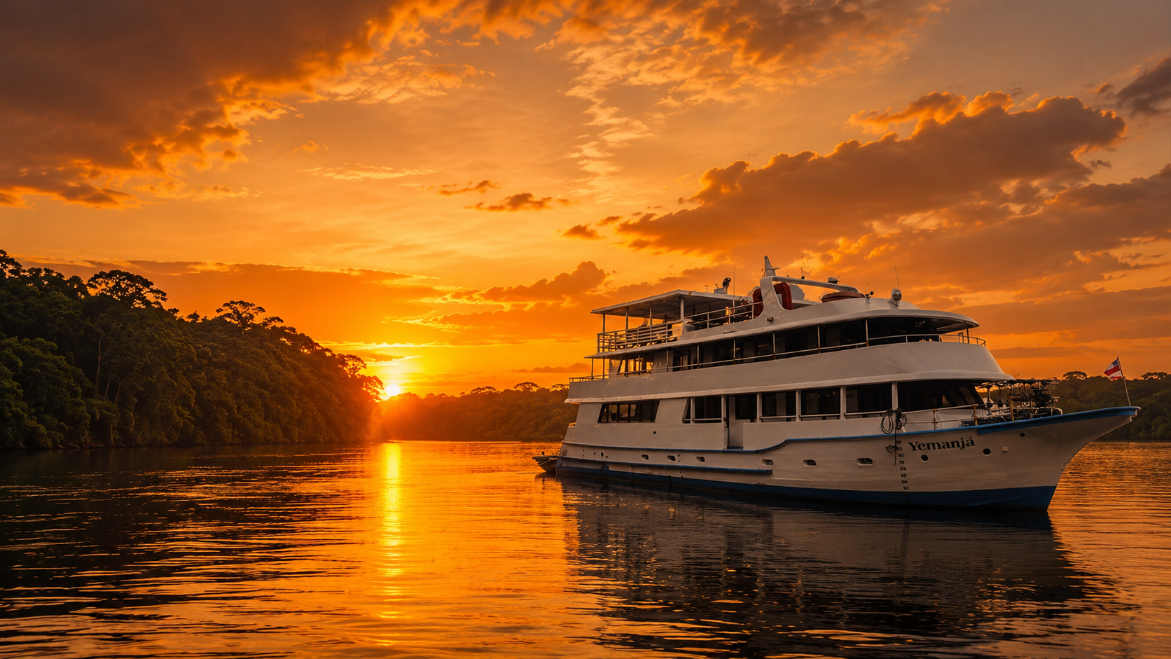Barco hotel Yemanjár navegando ao pôr do sol na Amazônia