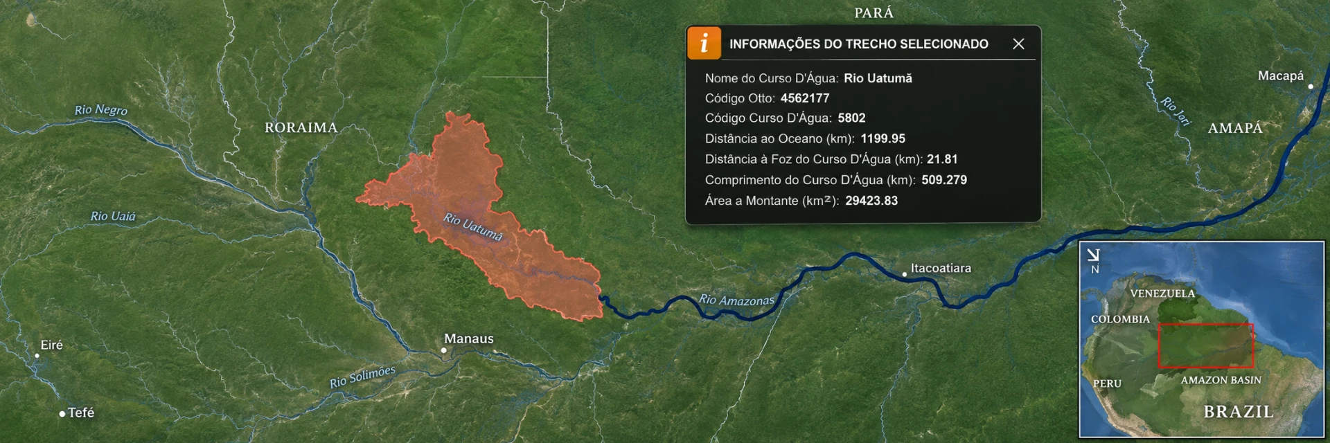 Mapa do trajeto pelo Rio Uatumã e Rio Amazonas até o oceano