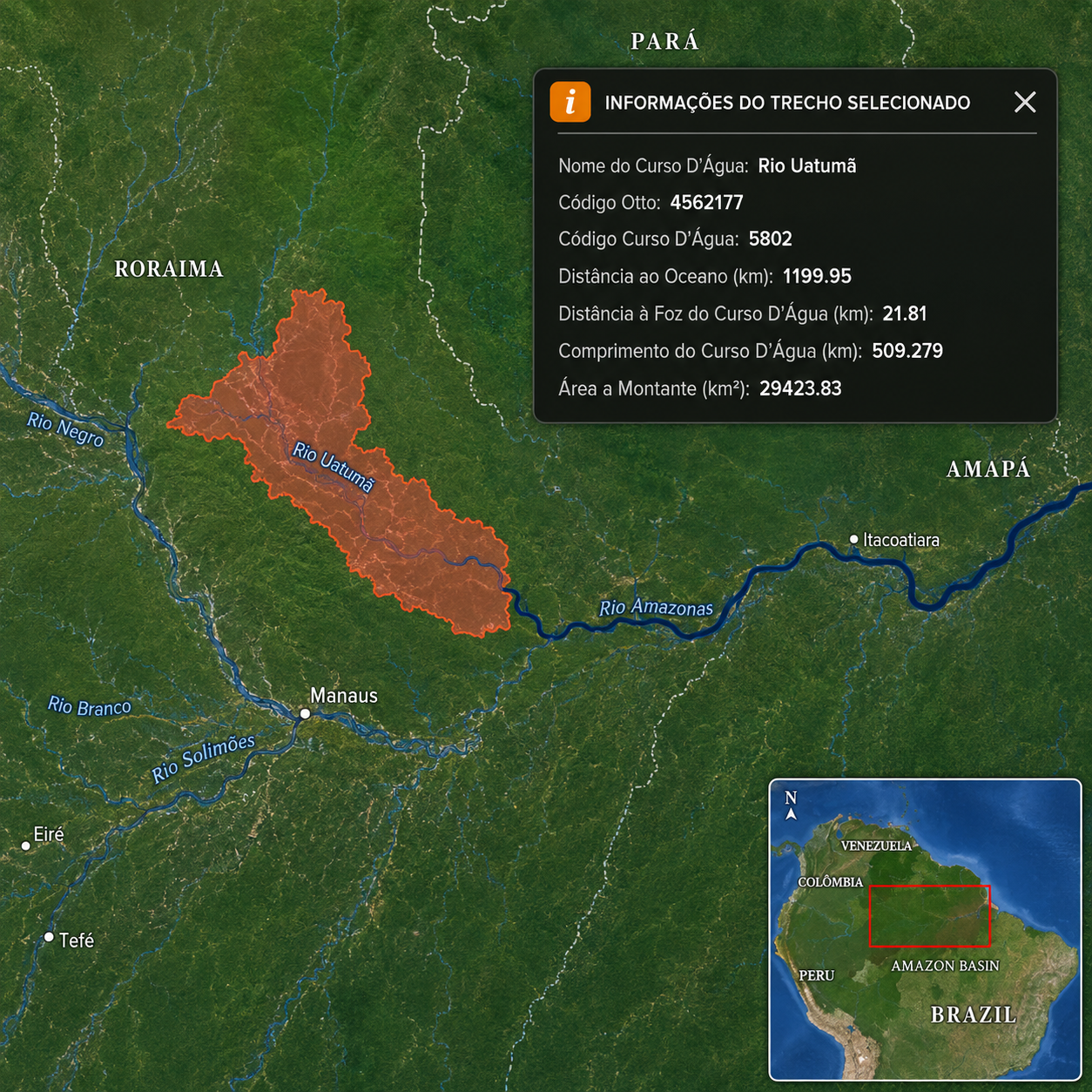 Mapa do trajeto pelo Rio Uatumã e Rio Amazonas até o oceano